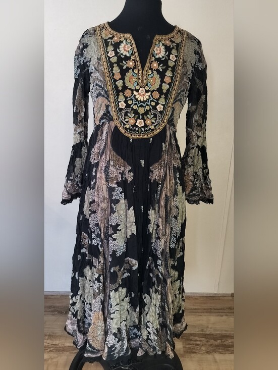 Ritu Kumar Dresses & Skirts - Ritu Kumar Black Embroidered Midi  Dress with Gold and Cream Accents
